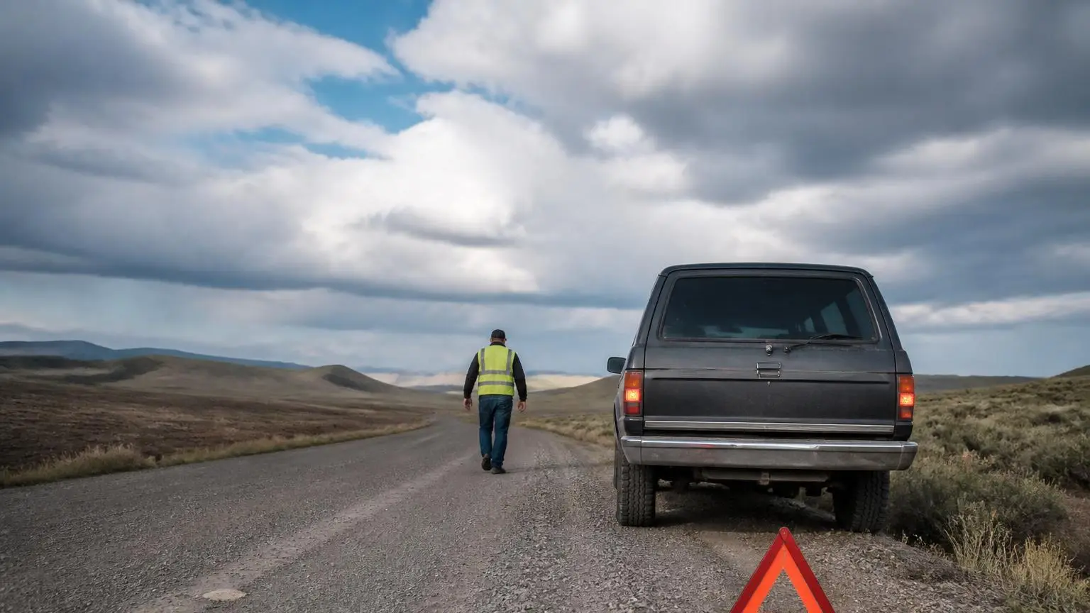 A 4WD pulled safely onto the shoulder of a remote gravel road with warning triangle