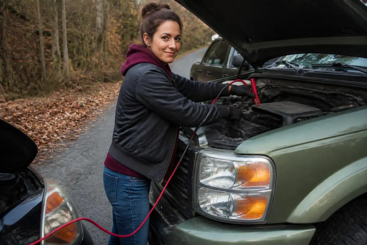 Woman connecting jumper cables under an open hood