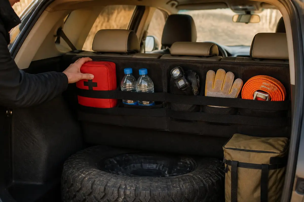 Close view of an emergency kit stowed in a truck cargo area