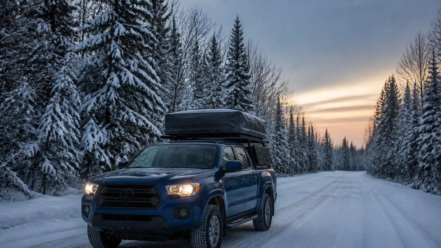 A 4WD driving slowly along a snowy forest road at dusk