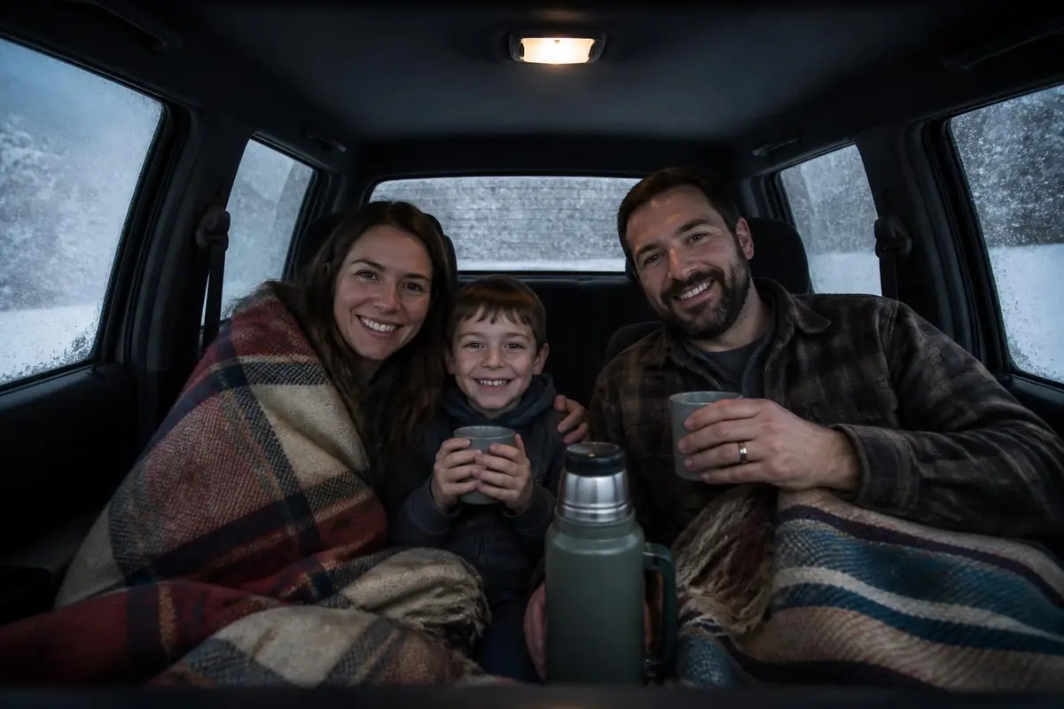 Family wrapped in blankets inside a parked SUV during a snowstorm