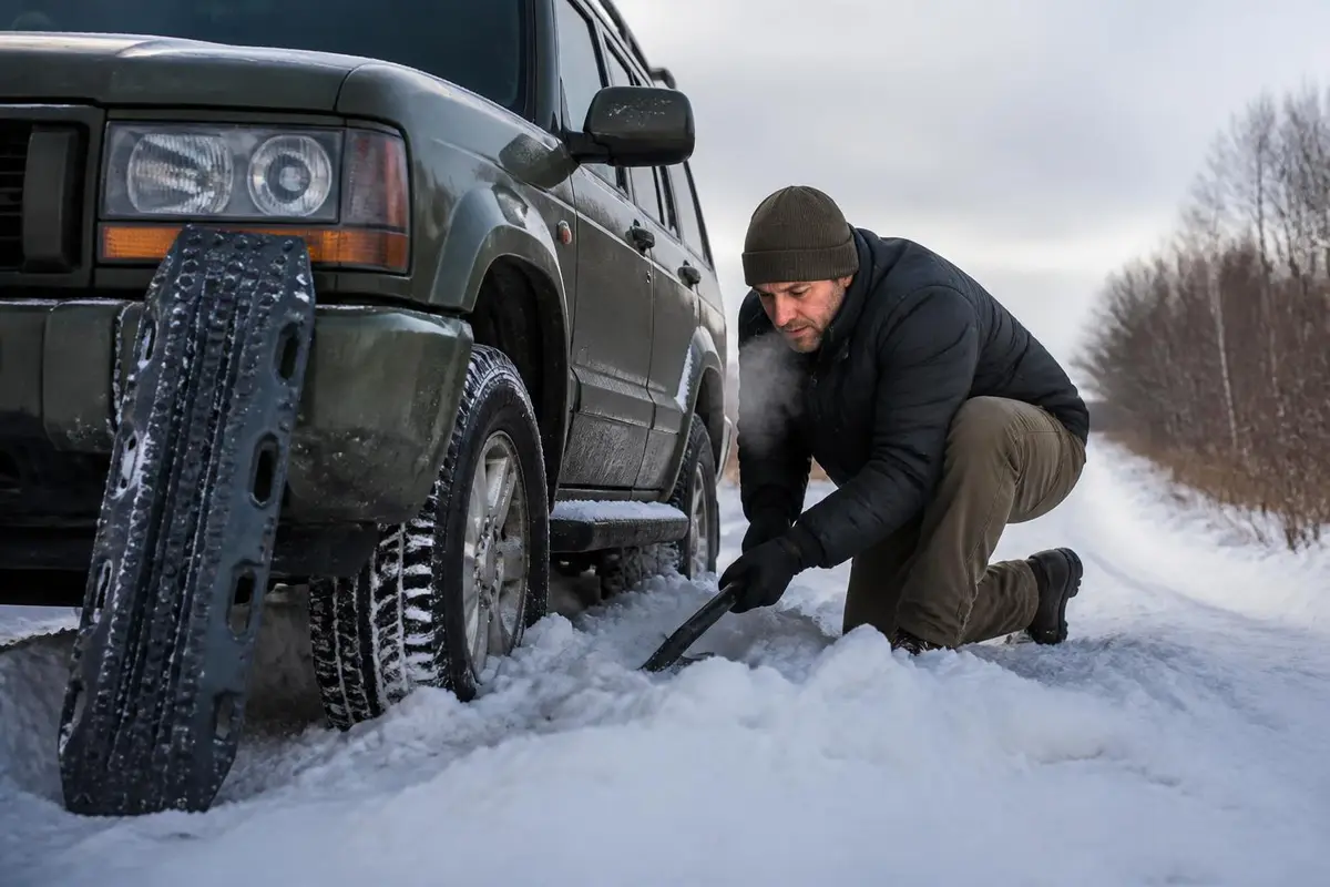 Man shoveling snow from in front of a stuck tire