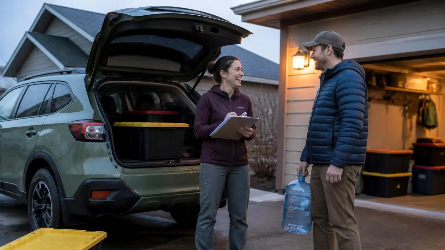 Couple ticking off a packing checklist beside their loaded 4WD
