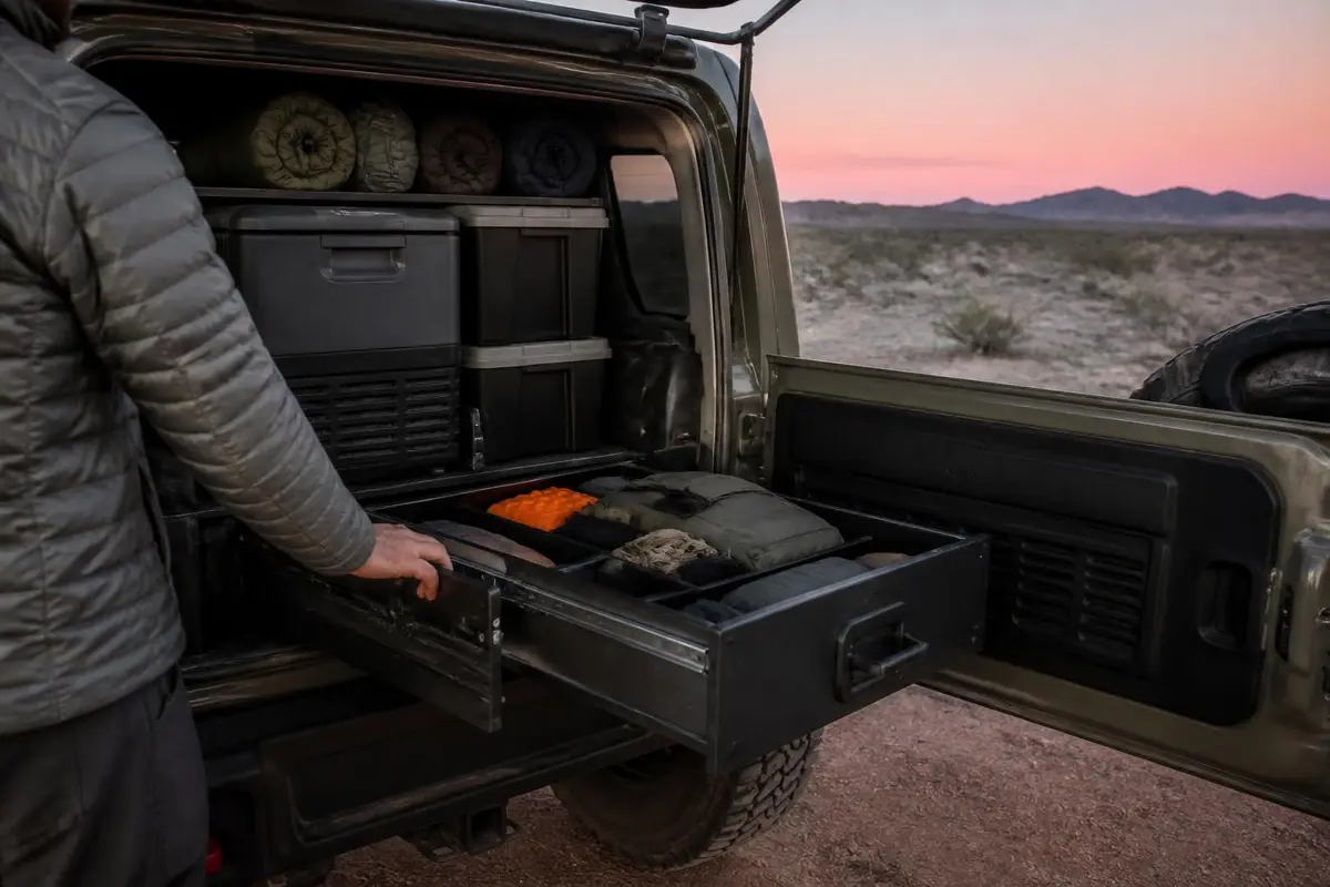 Neatly packed cargo area with drawers and a fridge at camp