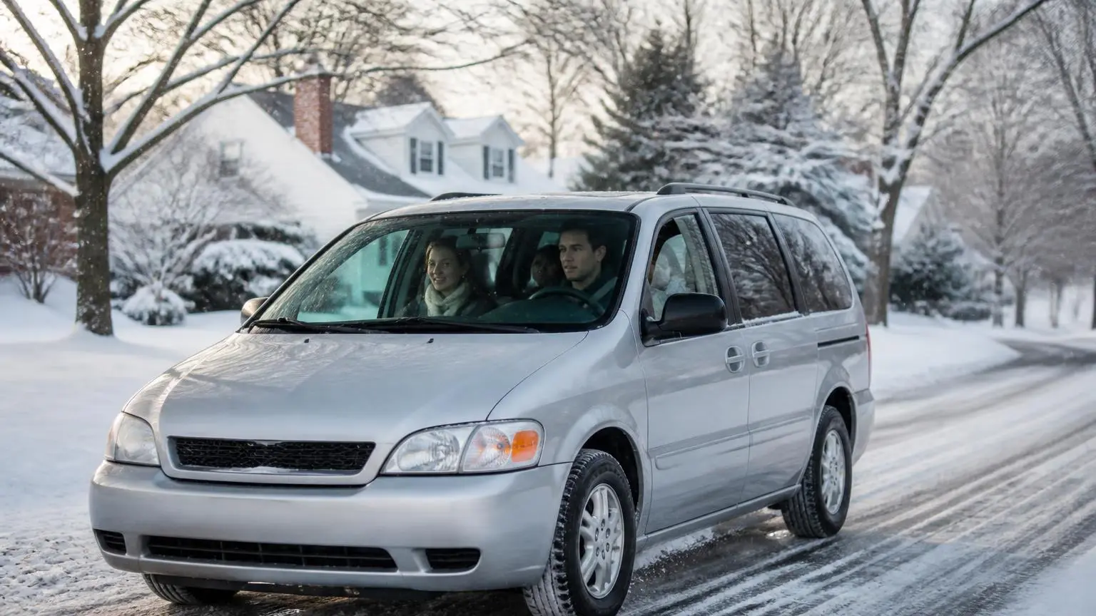 Minivan driving a snowy suburban street with family inside