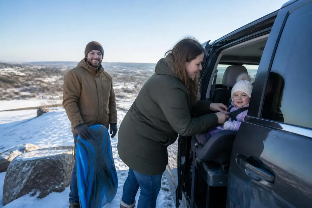 Parents buckling kids into a minivan at a snowy trailhead