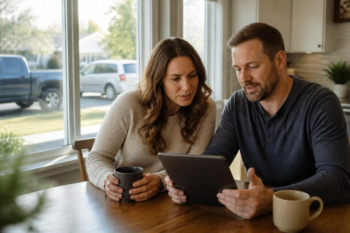 Couple comparing vehicles on a tablet at a kitchen table