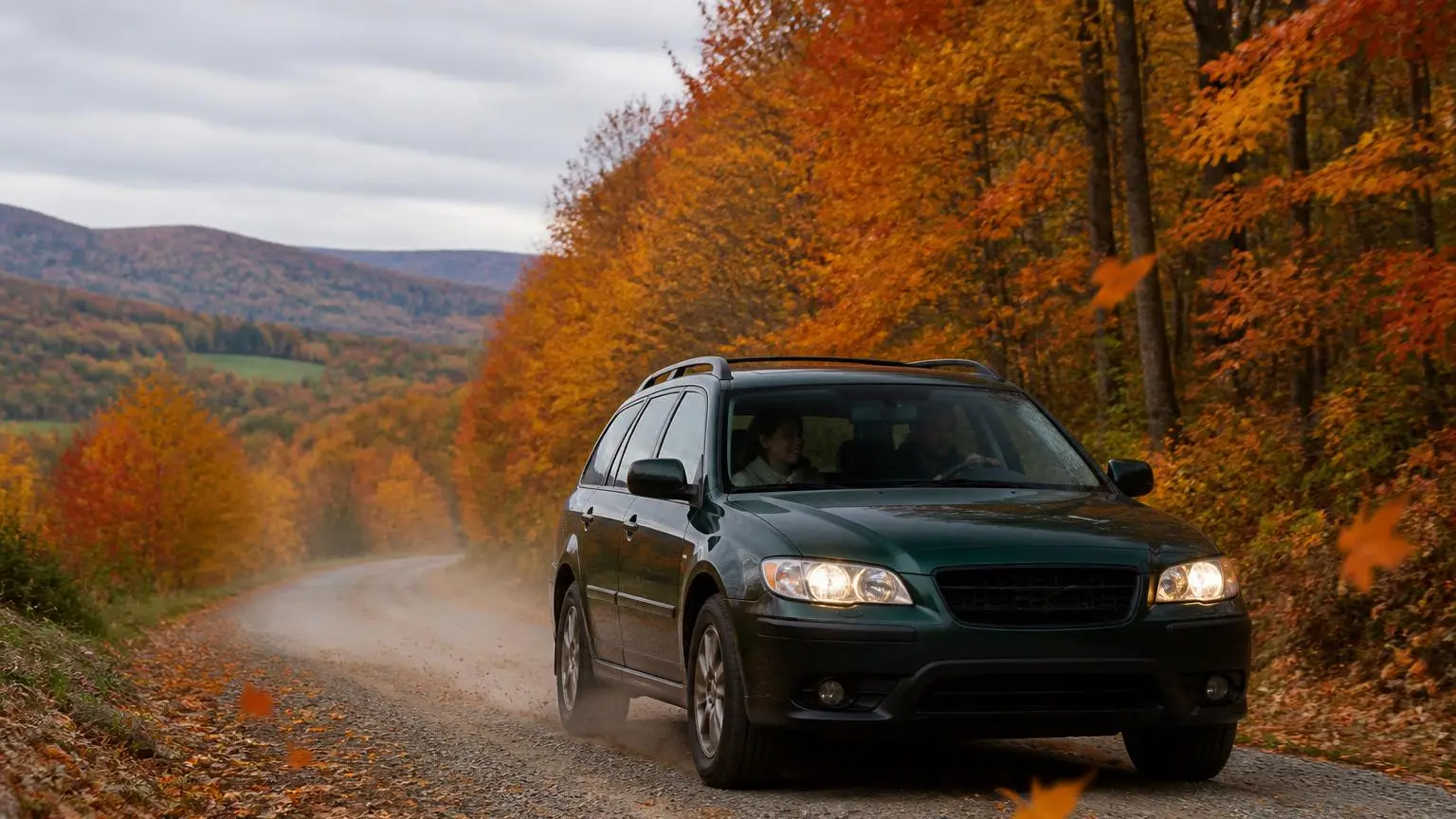 Wagon-bodied AWD car on a gravel forest road in autumn