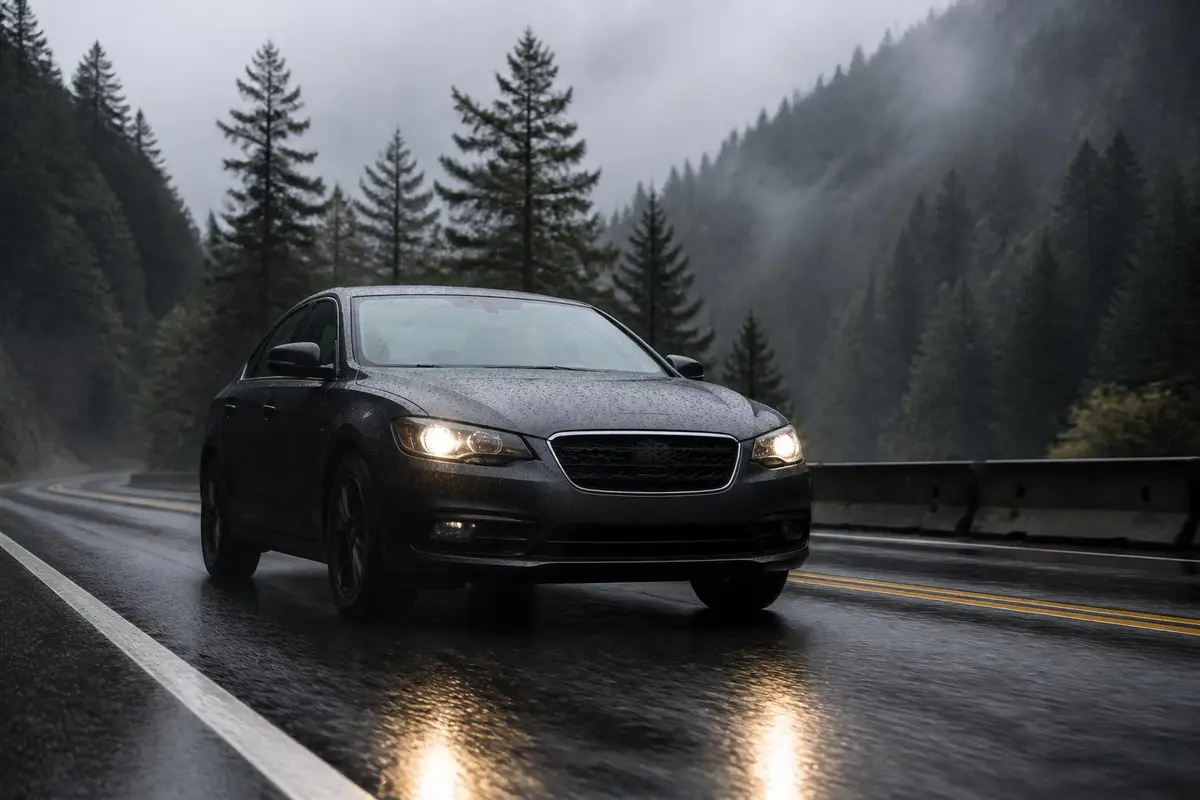 Sedan driving a wet mountain highway in light rain