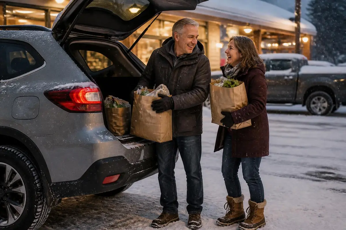 Couple loading groceries into an AWD crossover in snow
