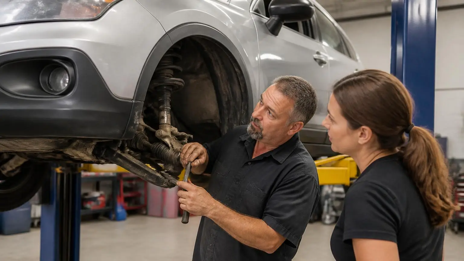 Mechanic inspecting a front ball joint on a lifted truck