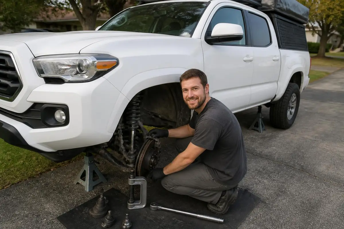 Home mechanic with parts laid out on a driveway