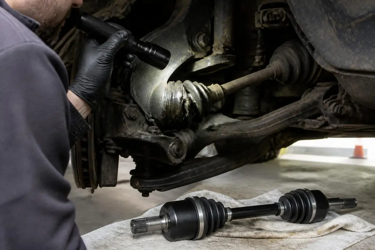 Close view of a CV axle boot on a raised truck