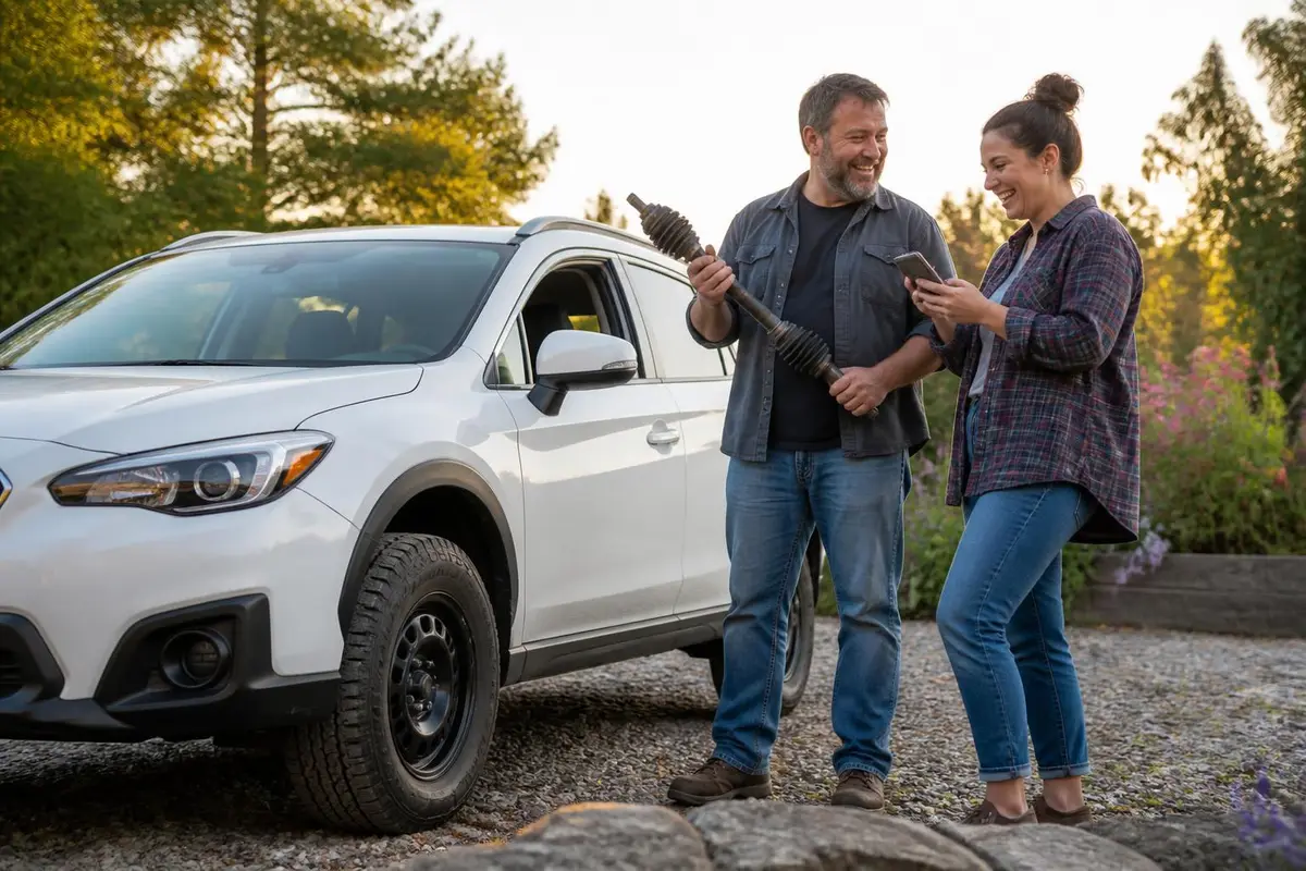 Couple discussing repair beside their SUV in the driveway