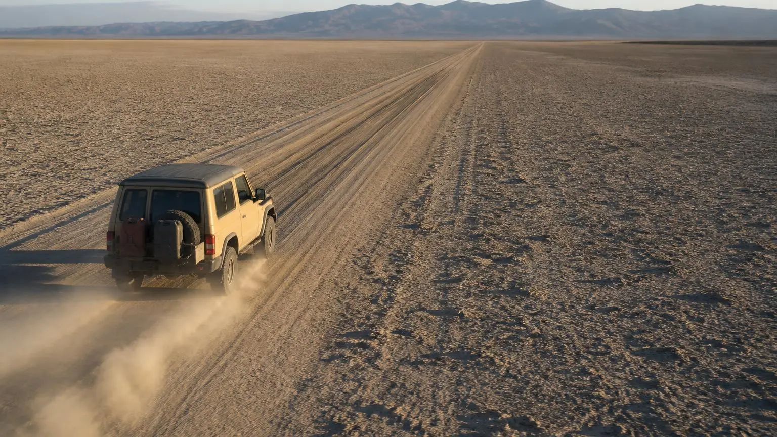 A 4WD crossing a vast empty desert road