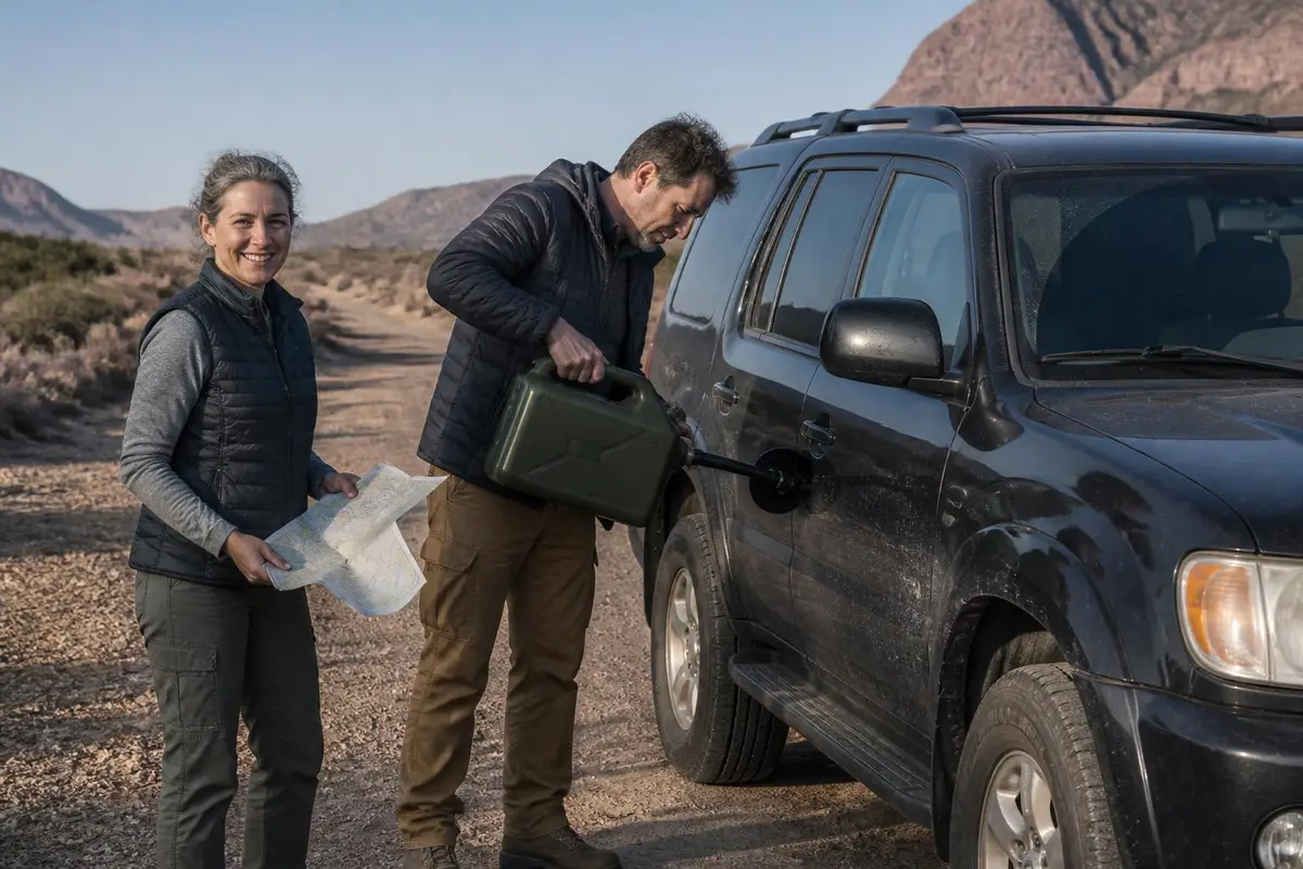 Man refueling from a jerry can at a remote stop