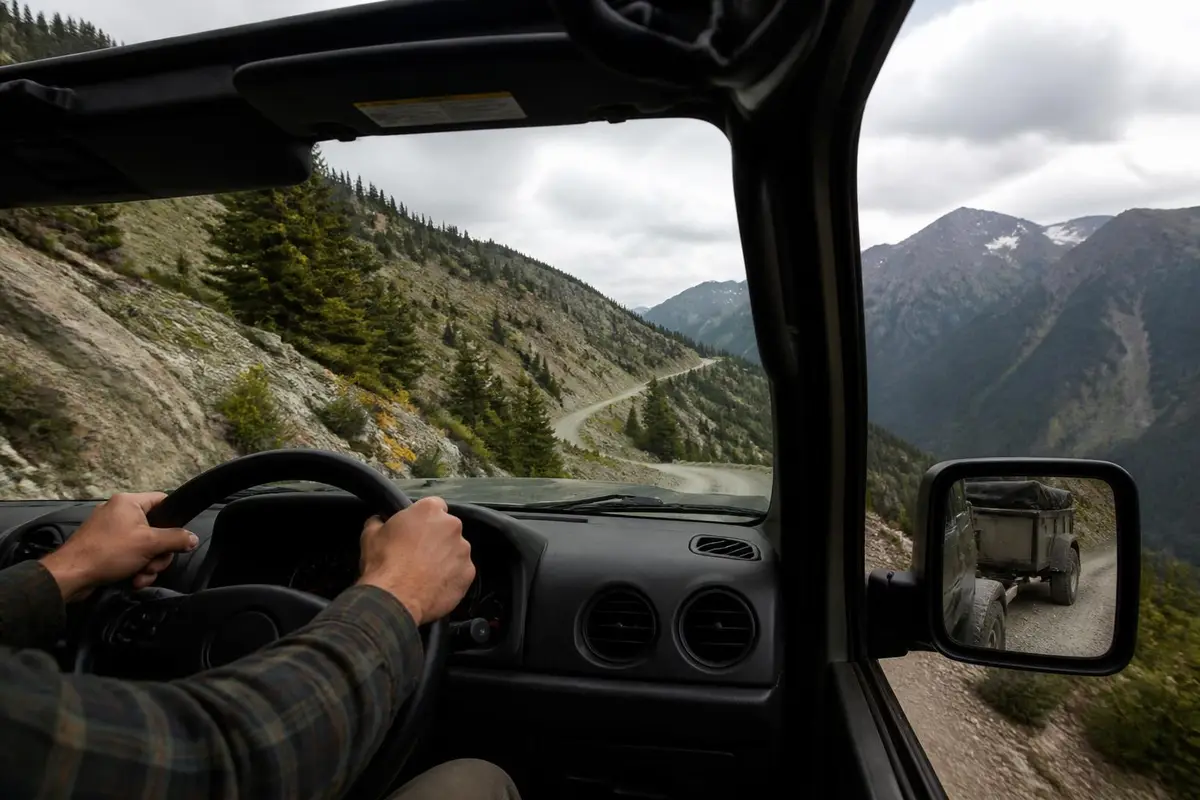 Dash view while towing a trailer up a mountain grade