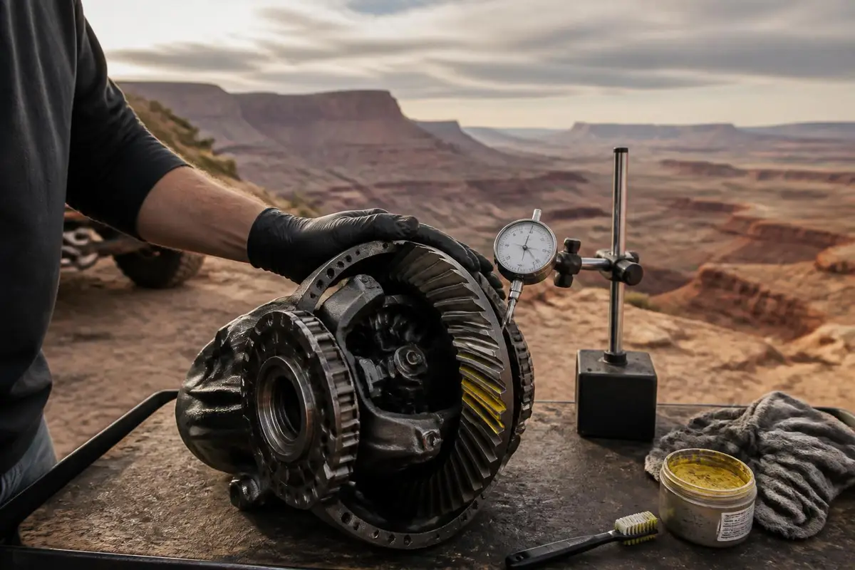 Axle housing with ring and pinion being set up on a bench