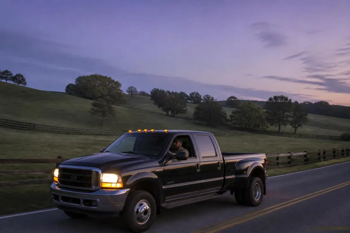 Truck cruising gently on a quiet country road at dusk