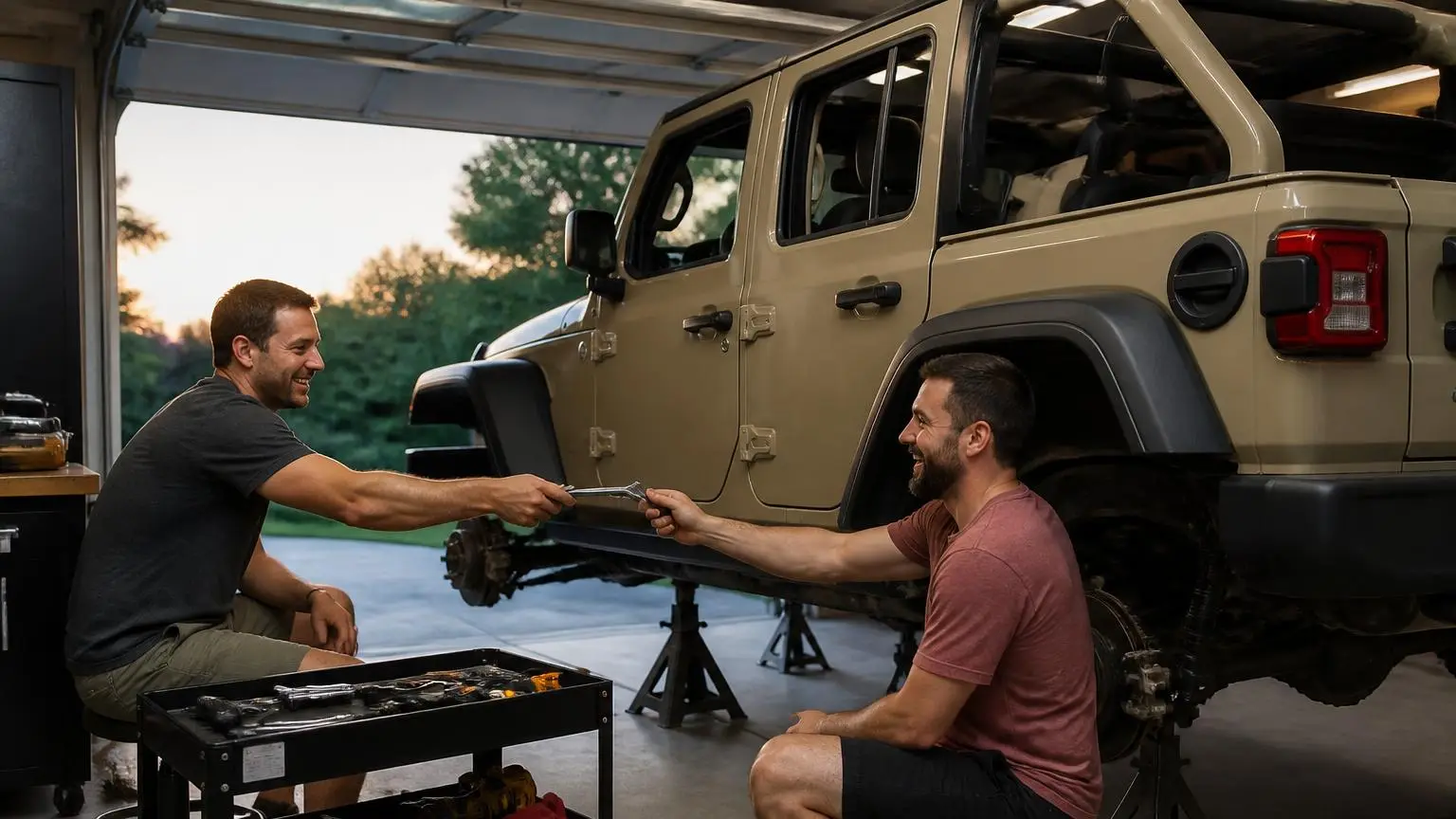 Two friends working under a lifted truck in a home garage