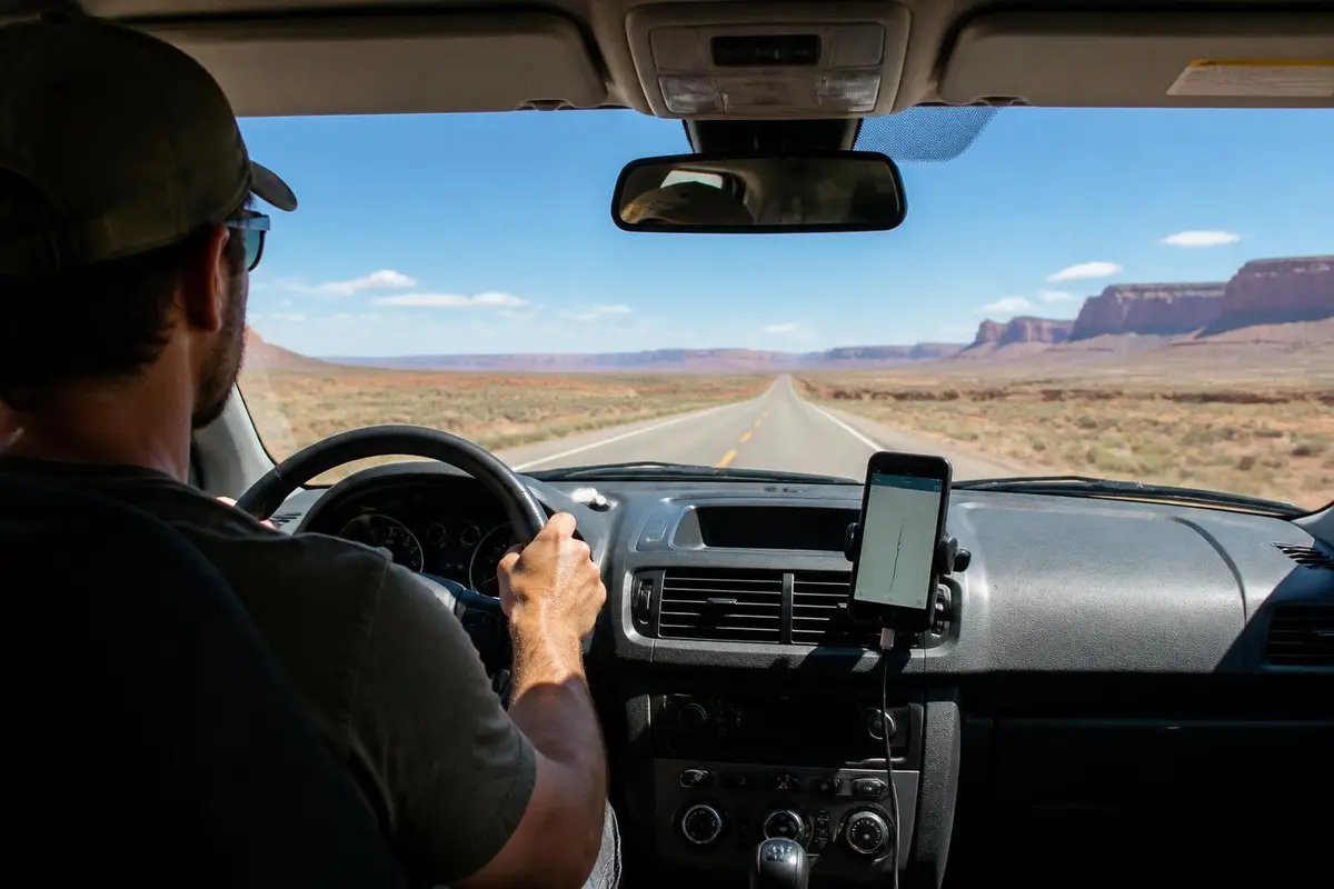 Dash view of a truck on a highway with a GPS phone on the mount
