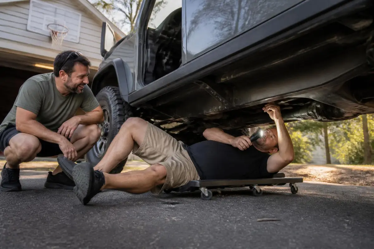 Man lying on a creeper checking a driveshaft