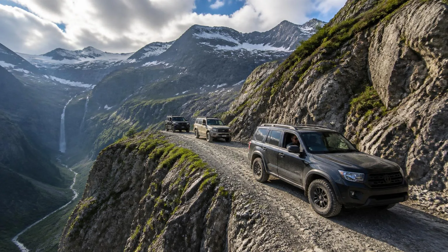 4WDs climbing a cliffside mountain road below snowy peaks and a waterfall