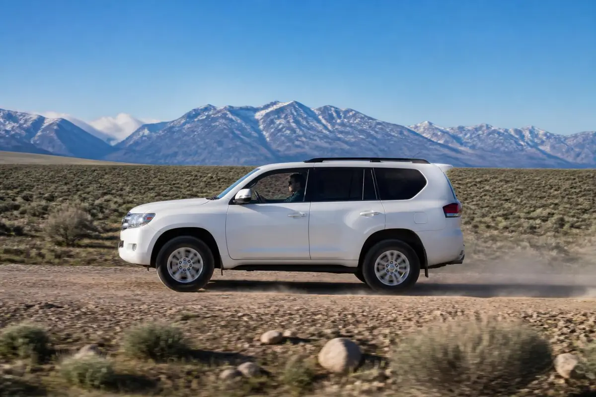 SUV driving a graded gravel road at steady speed