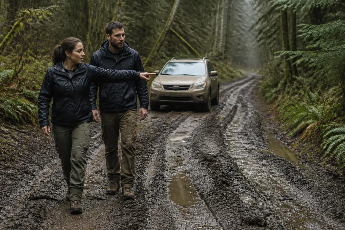 Couple walking a muddy section before driving it