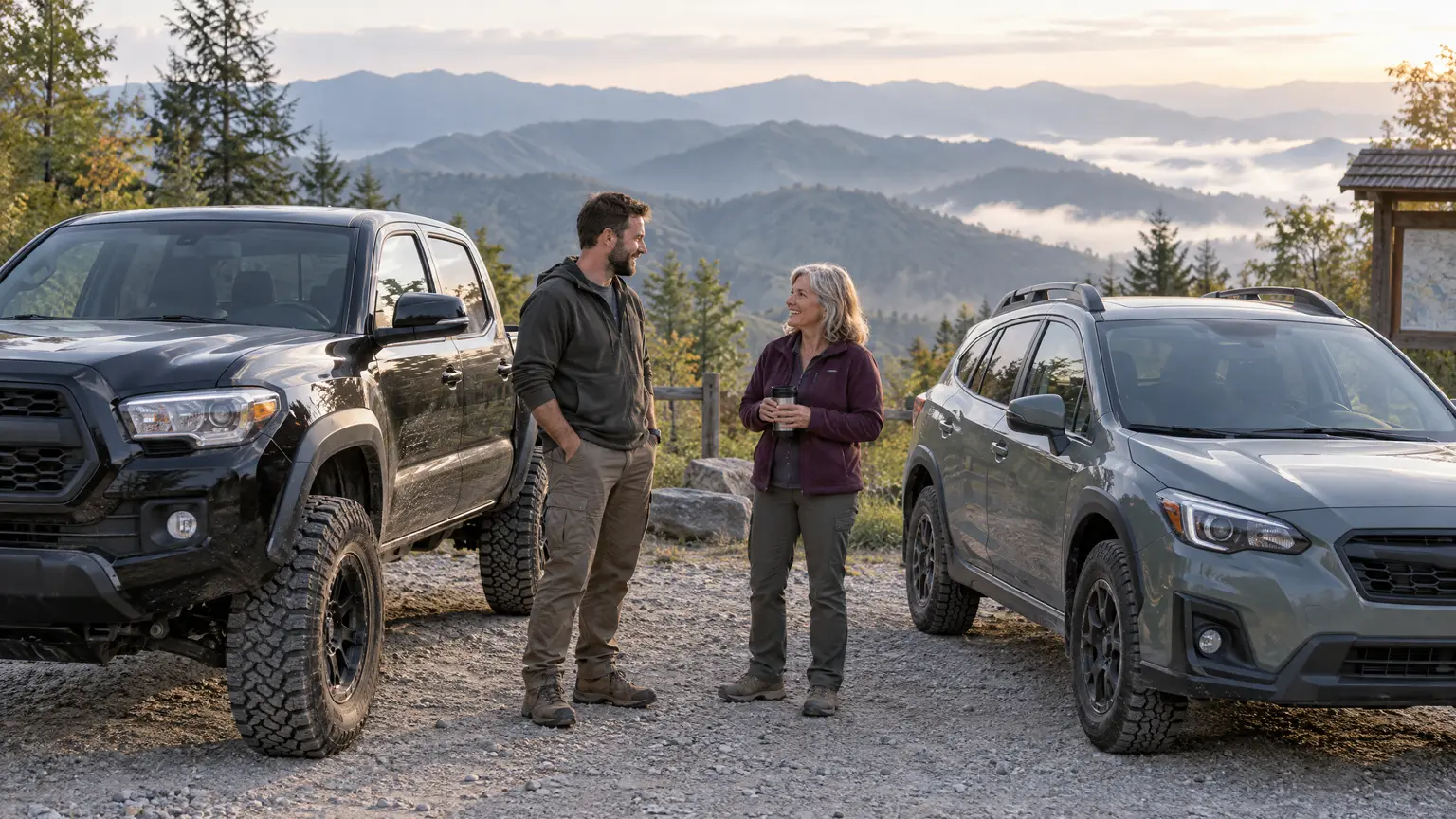 A 4x4 and an AWD crossover parked side by side at a trailhead