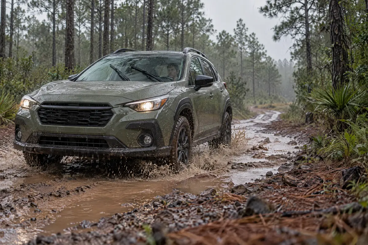 Crossover driving a wet dirt road in rain