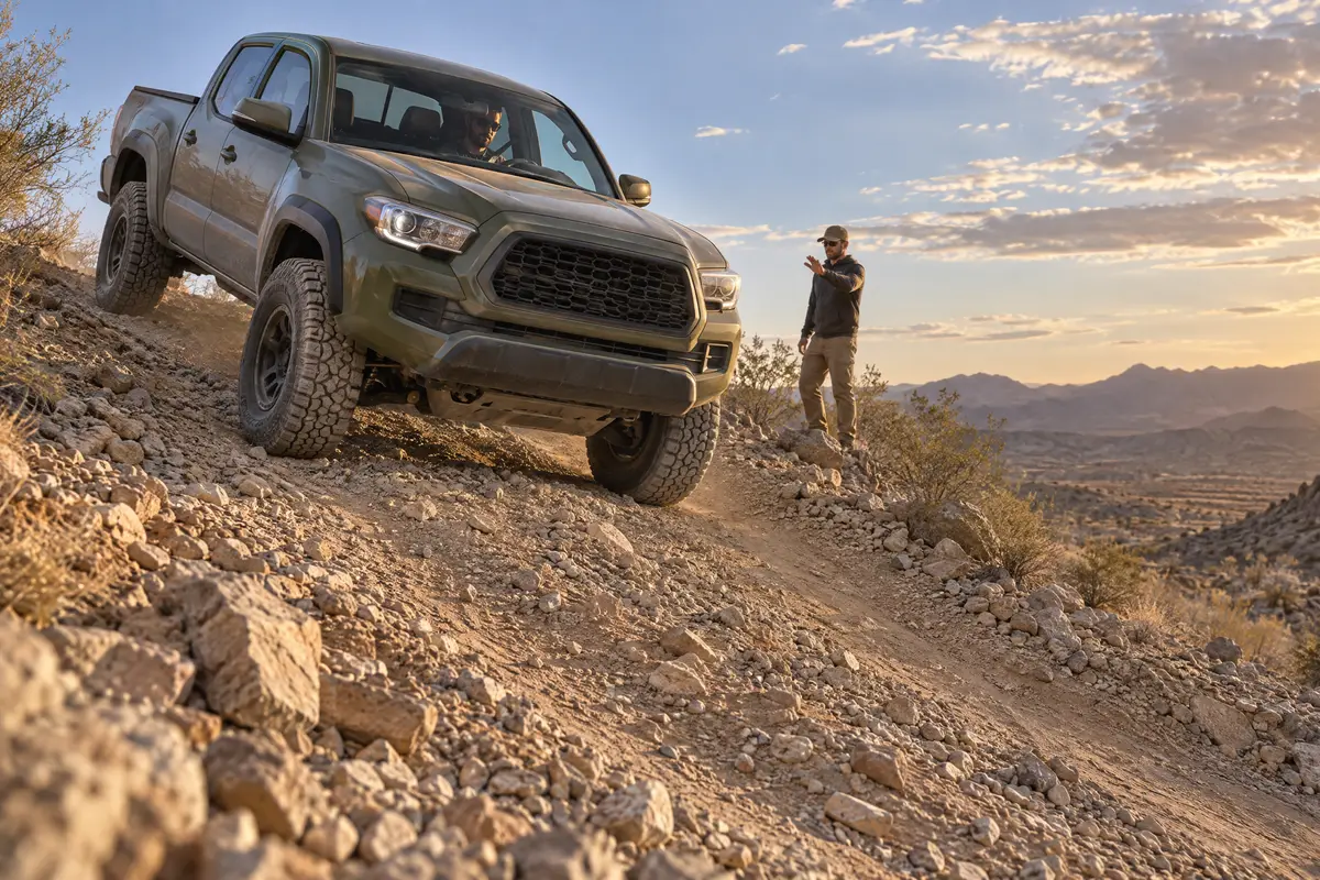 Truck descending a loose dirt slope with a spotter