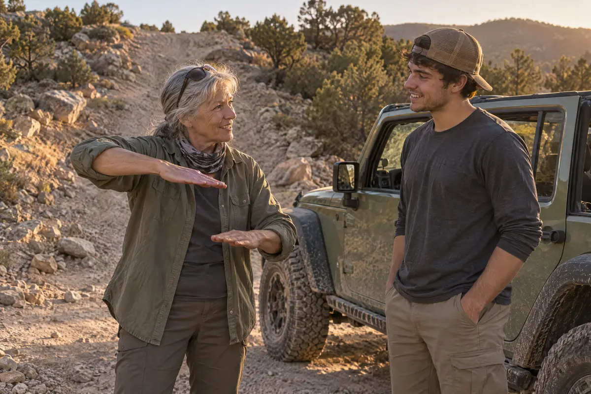 Experienced driver explaining technique to a newcomer at the bottom of a hill