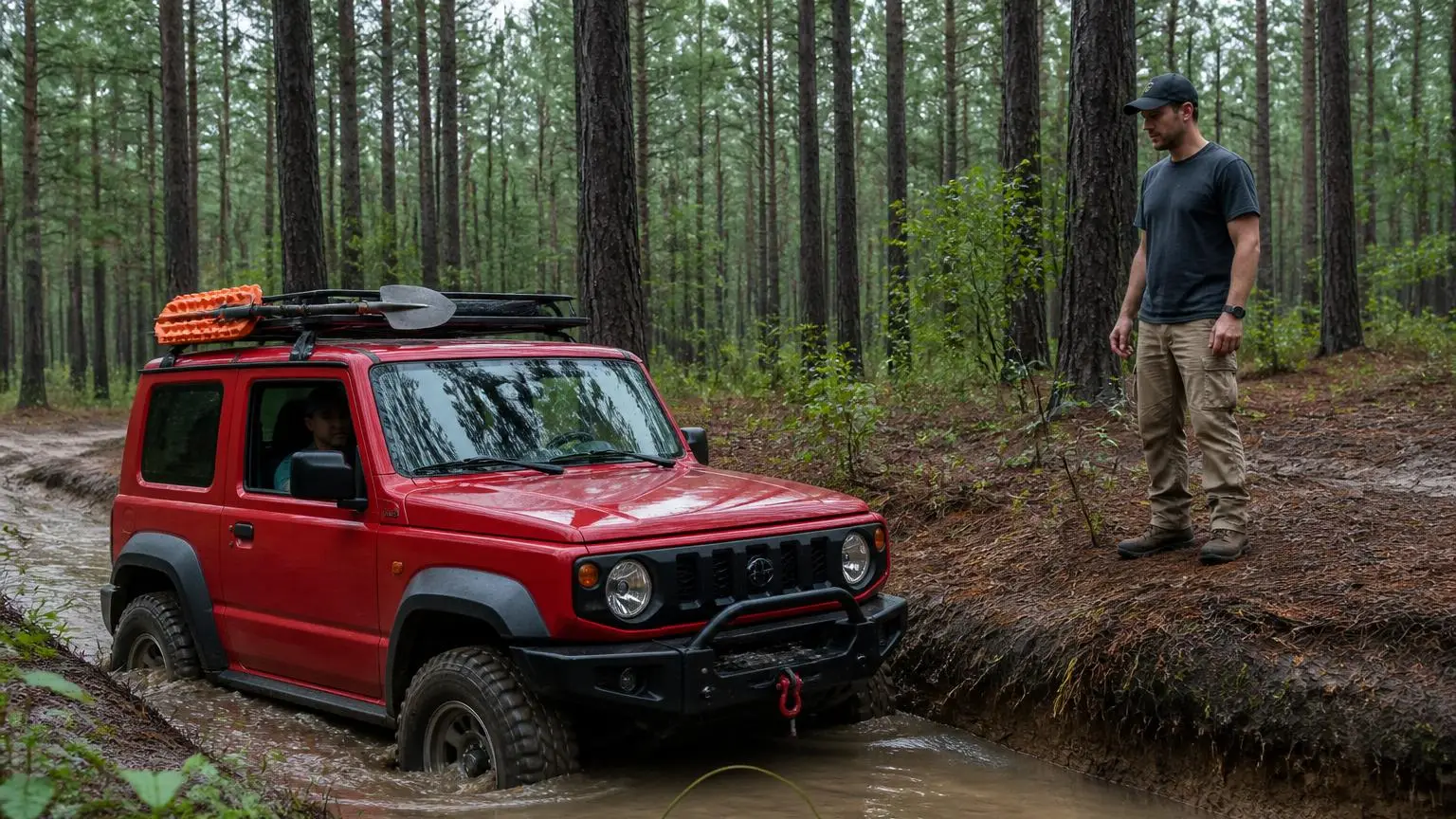 Well-equipped 4WD crossing a muddy water-filled rut