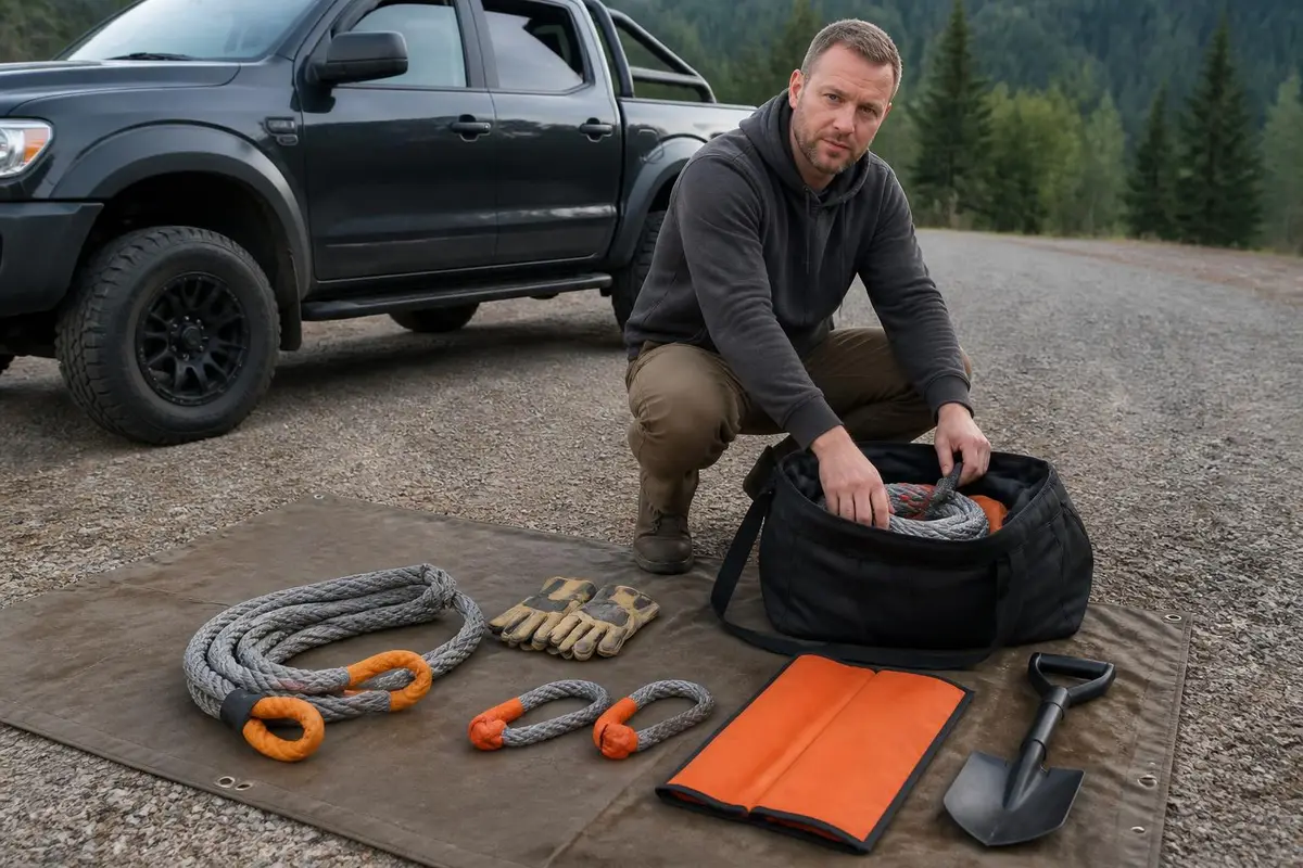 Recovery kit laid out on the ground beside a truck