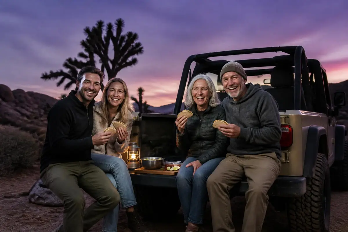 Two couples sharing a meal on the tailgate after a trail day