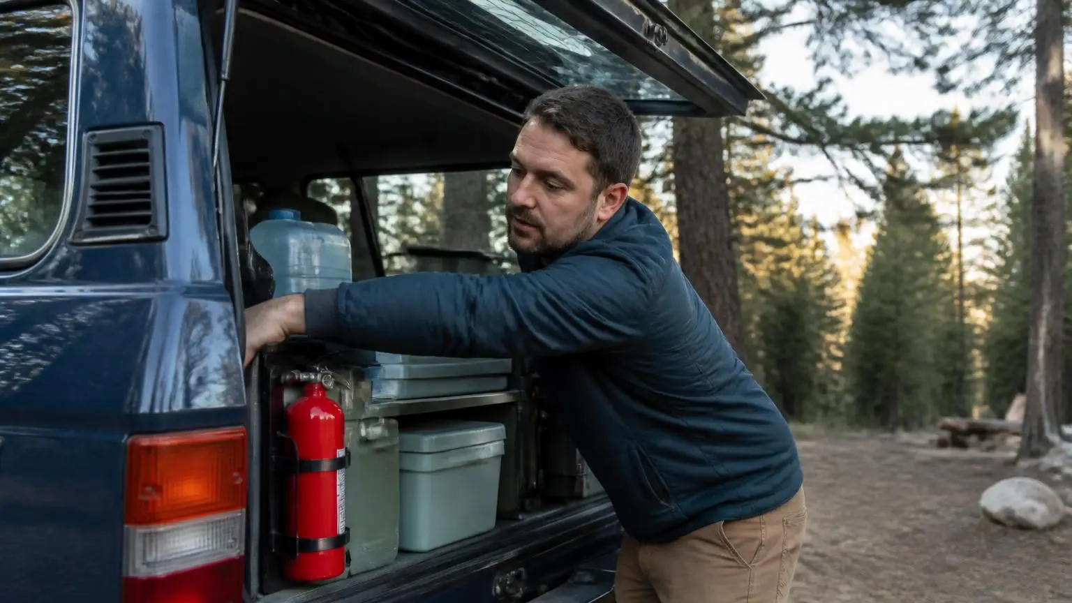 Fire extinguisher mounted in the cargo area of an overland rig