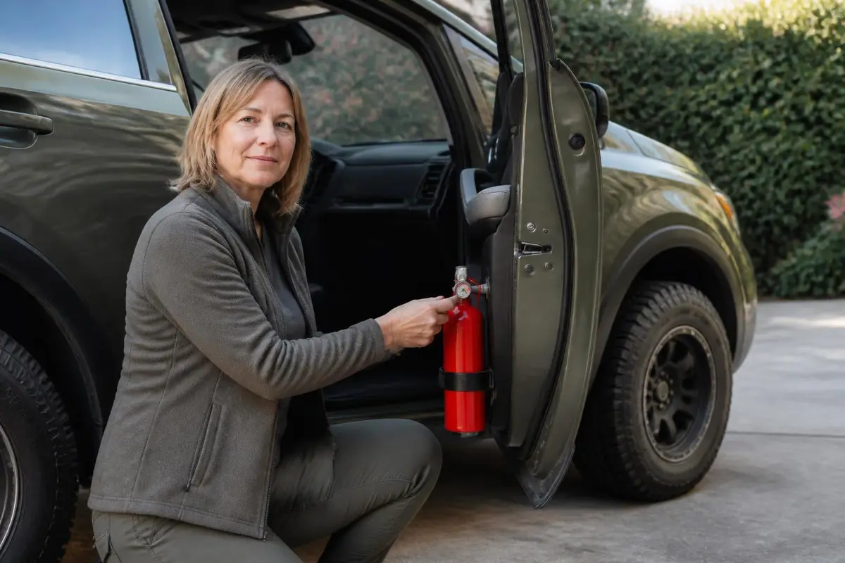 Woman checking the pressure gauge on a mounted extinguisher