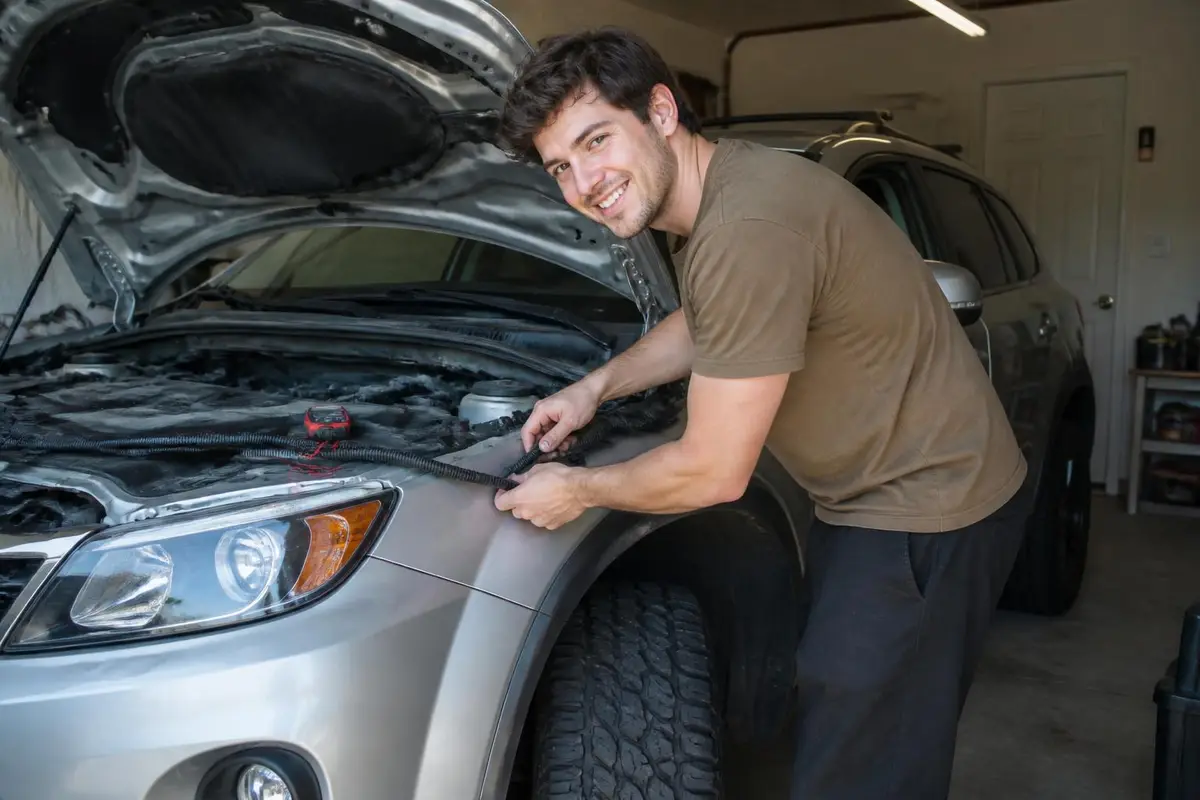 Owner routing wiring under the hood of a truck