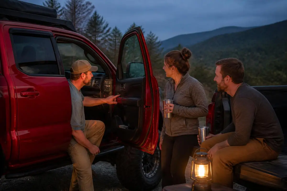 Friends admiring a truck at a campground in the evening
