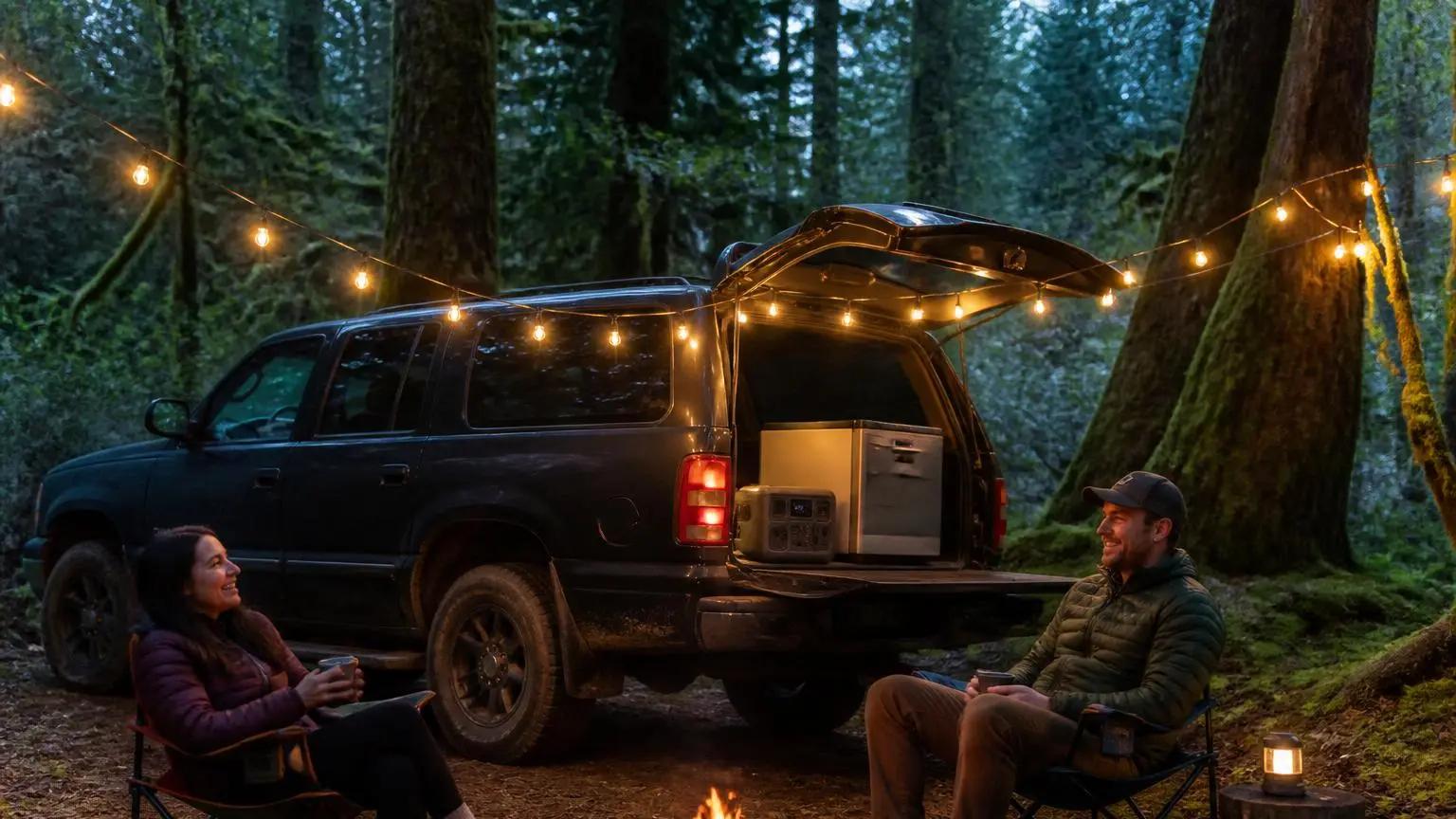 Portable power station running camp lights at a forest camp