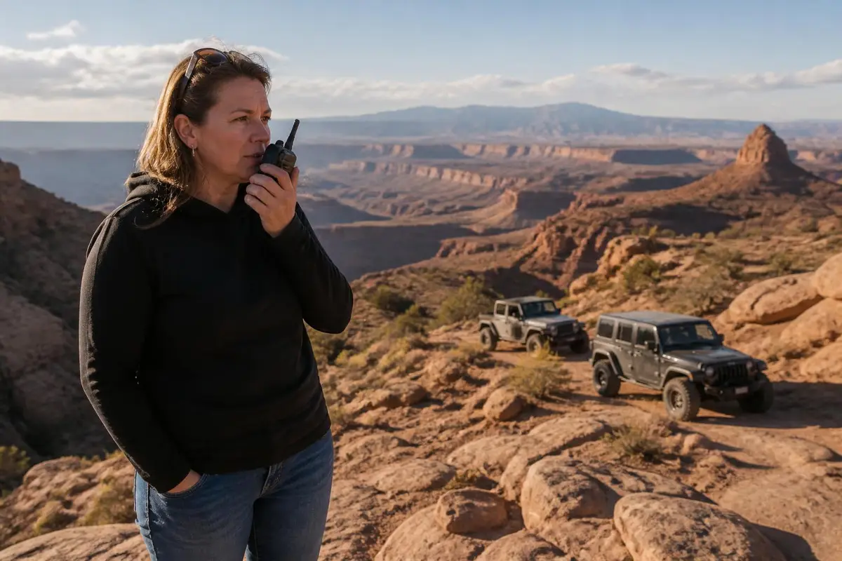Hiker using a handheld radio at a viewpoint near the rigs