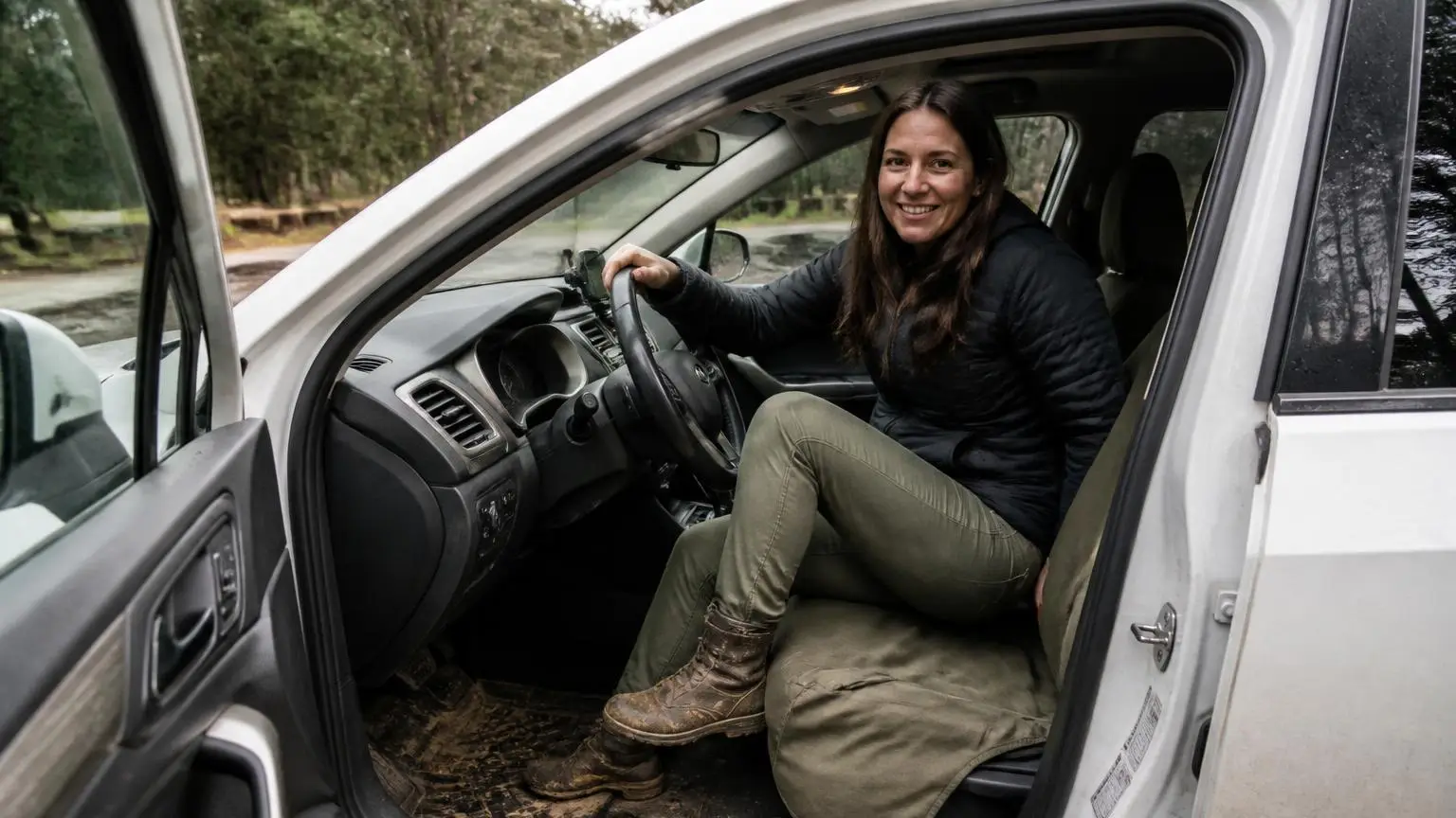 Clean truck interior with all-weather mats and seat covers after a trail day