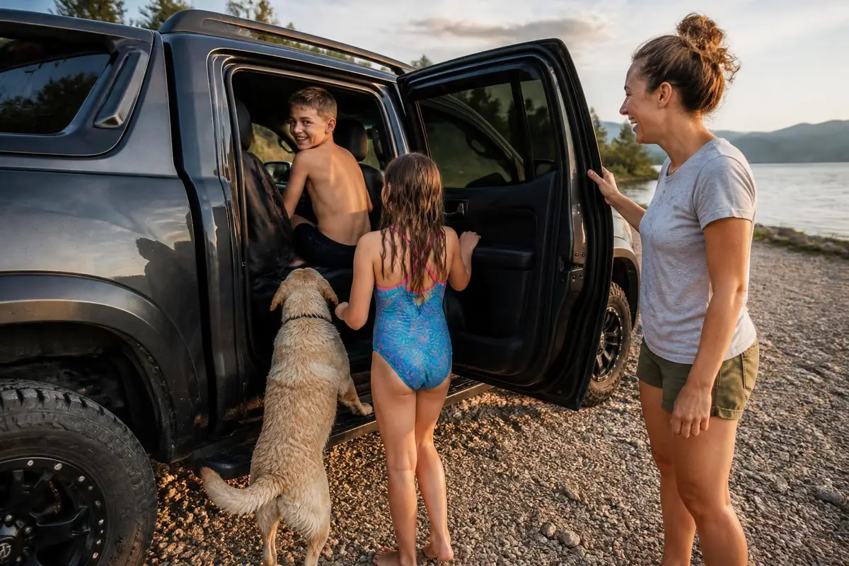 Kids and dog climbing into a truck with seat covers