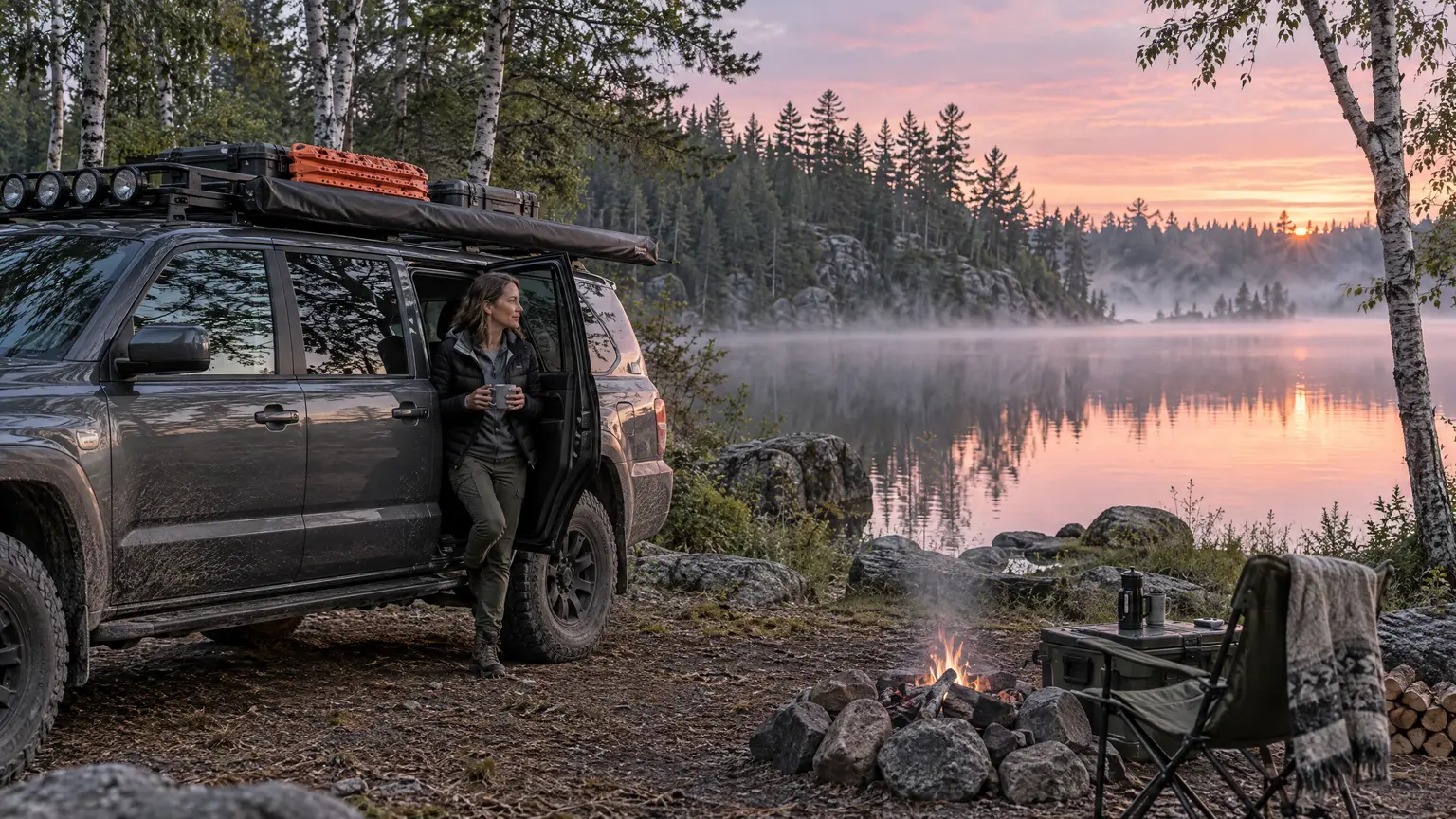 Fully equipped overland rig at a lakeside camp at dawn