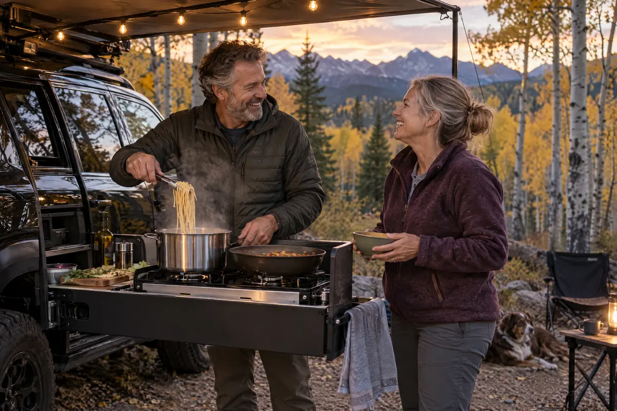 Couple cooking under an awning with a camp kitchen