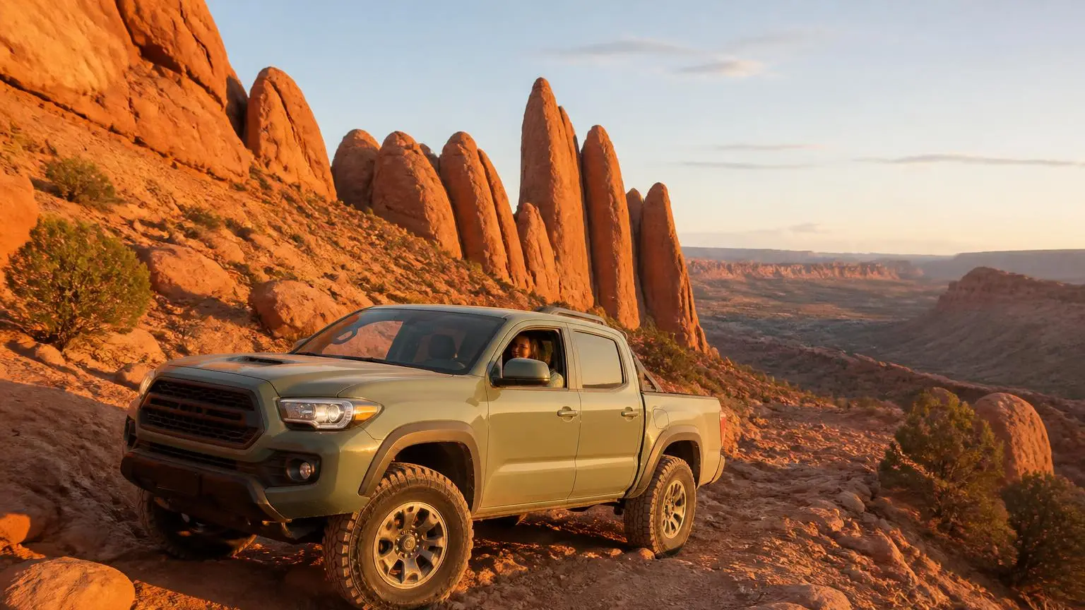 Mid-size pickup climbing a desert trail at golden hour