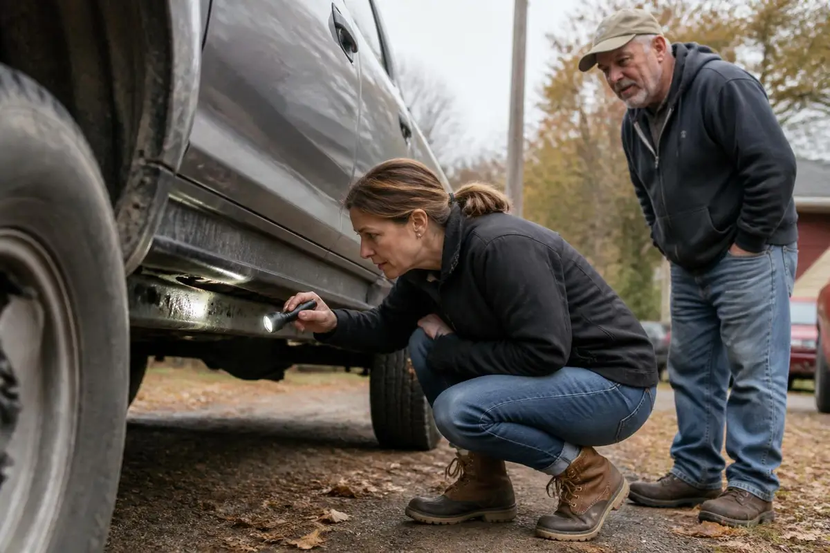 Buyer inspecting the frame of a used mid-size pickup