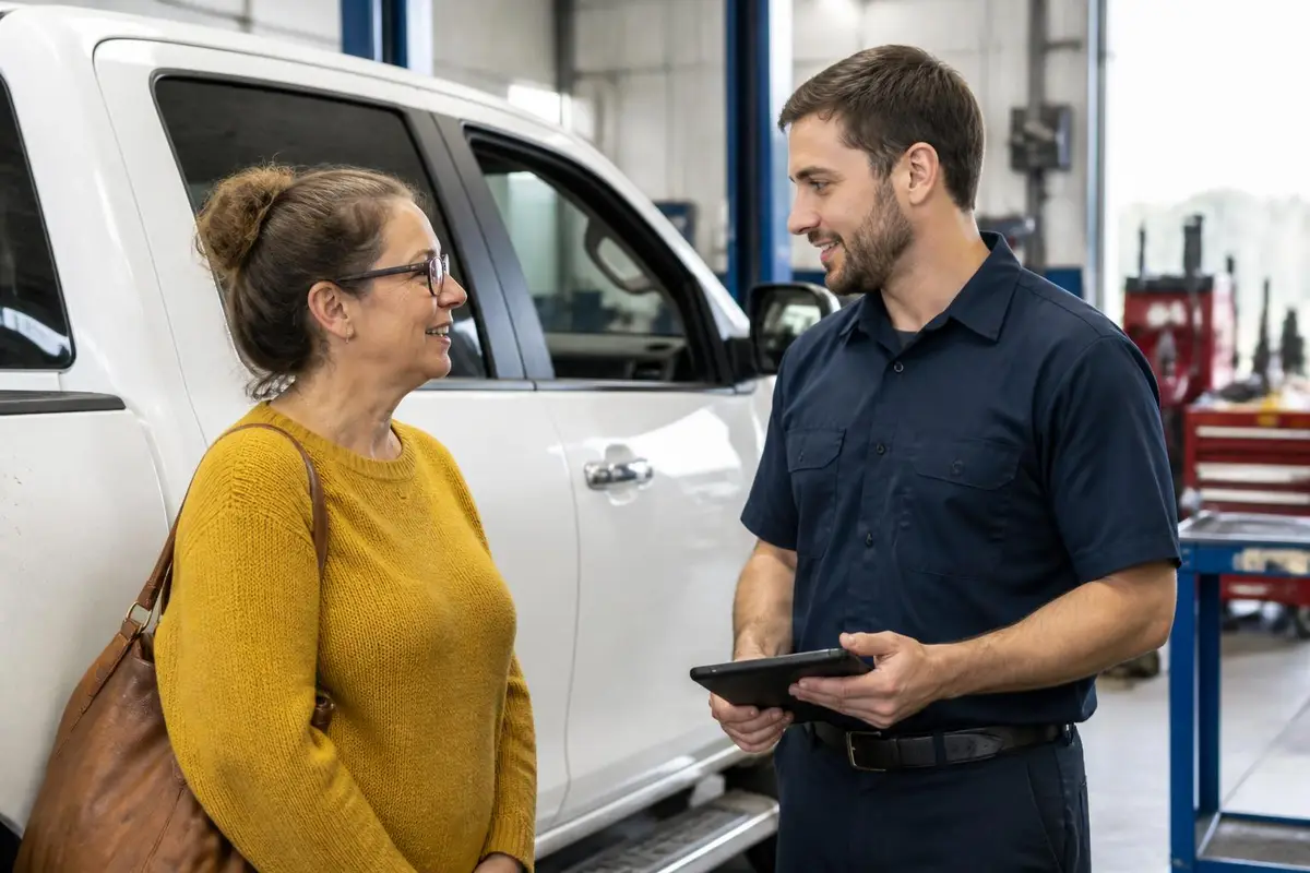 Owner talking with a service technician at a dealership bay