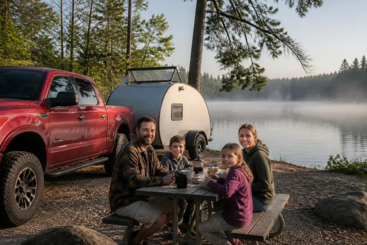 Full-size pickup towing a small camper at a lakeside campground